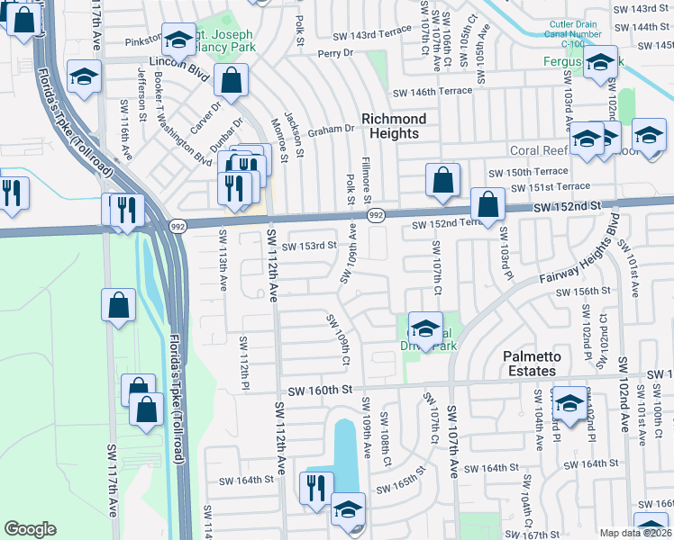 map of restaurants, bars, coffee shops, grocery stores, and more near 15324 Southwest 109th Court in Miami