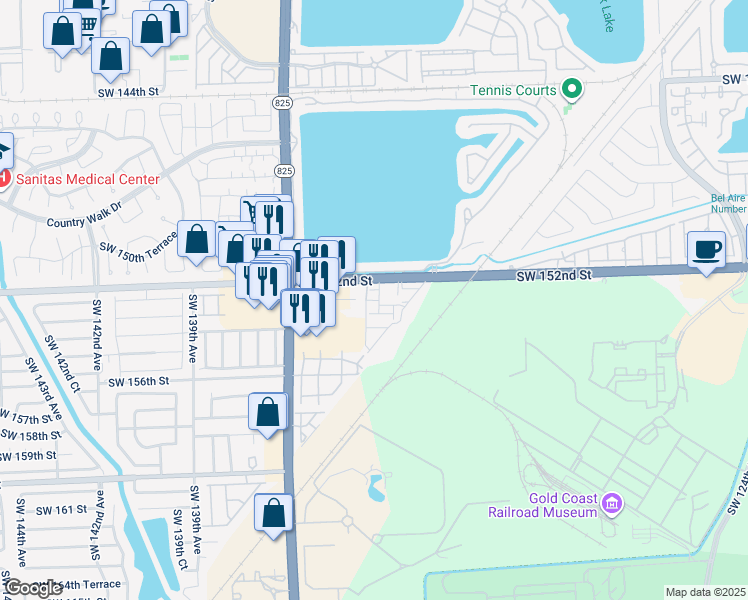 map of restaurants, bars, coffee shops, grocery stores, and more near 13444 Southwest 152nd Lane in Miami