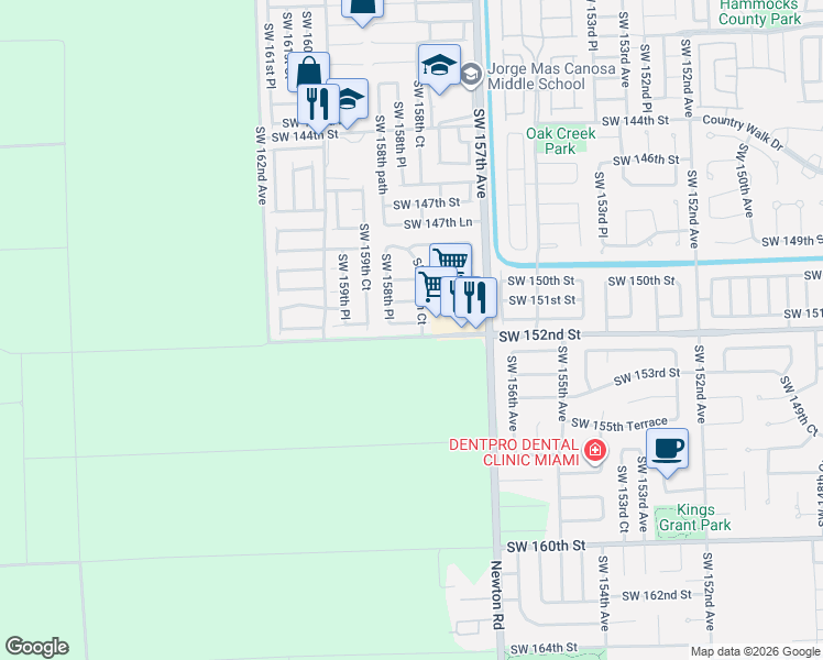 map of restaurants, bars, coffee shops, grocery stores, and more near 15119 Southwest 158th Court in Miami