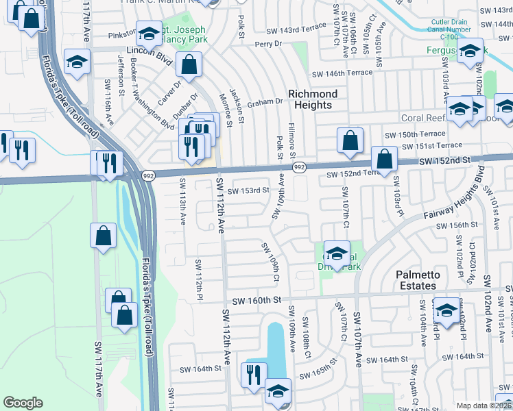 map of restaurants, bars, coffee shops, grocery stores, and more near 15314 Southwest 109th Court in Miami