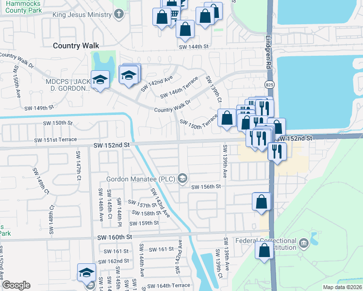 map of restaurants, bars, coffee shops, grocery stores, and more near 15203 Southwest 142nd Avenue in Miami