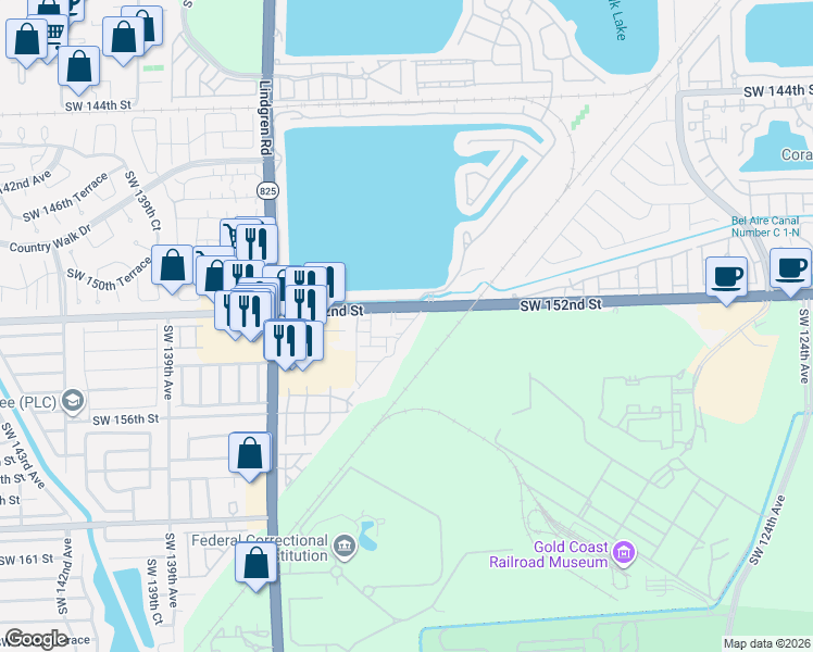 map of restaurants, bars, coffee shops, grocery stores, and more near 13302 Southwest 152nd Street in Miami