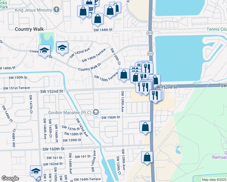 map of restaurants, bars, coffee shops, grocery stores, and more near 13941 Southwest 152nd Terrace in Miami