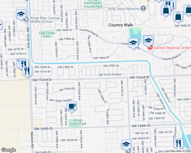 map of restaurants, bars, coffee shops, grocery stores, and more near 14920 Southwest 151st Terrace in Miami