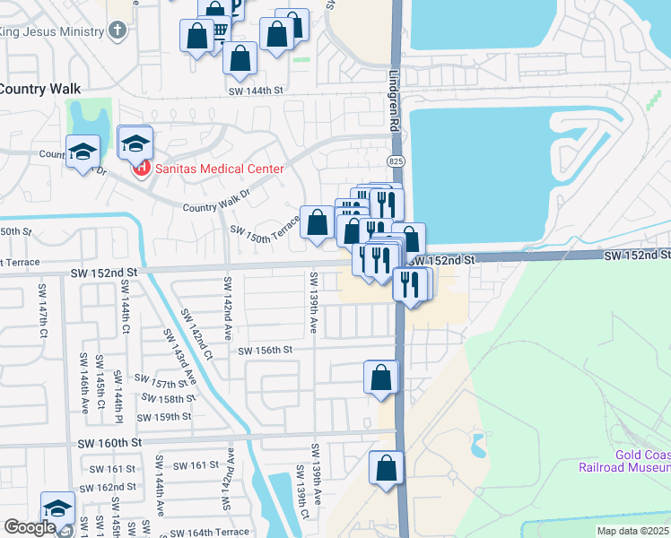 map of restaurants, bars, coffee shops, grocery stores, and more near 13863 Southwest 152nd Terrace in Miami
