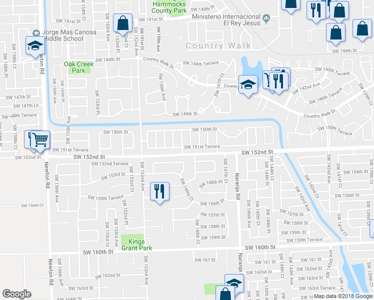 map of restaurants, bars, coffee shops, grocery stores, and more near 14874 Southwest 151st Terrace in Miami