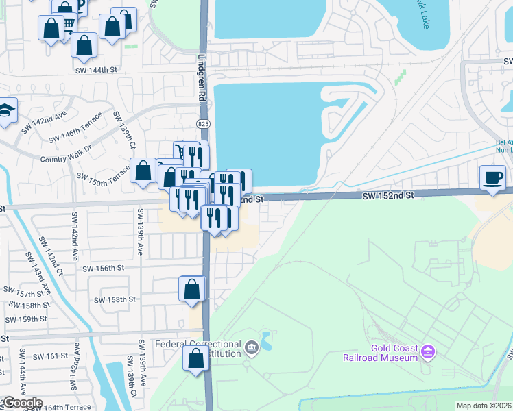 map of restaurants, bars, coffee shops, grocery stores, and more near 13500 Coral Reef Drive in Miami