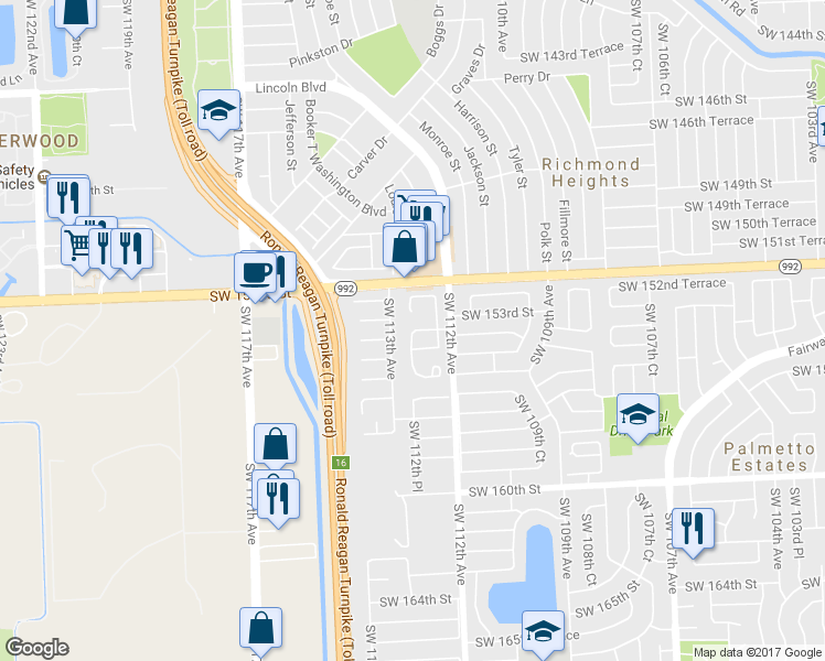 map of restaurants, bars, coffee shops, grocery stores, and more near 15400 SW 112th Pl in Miami