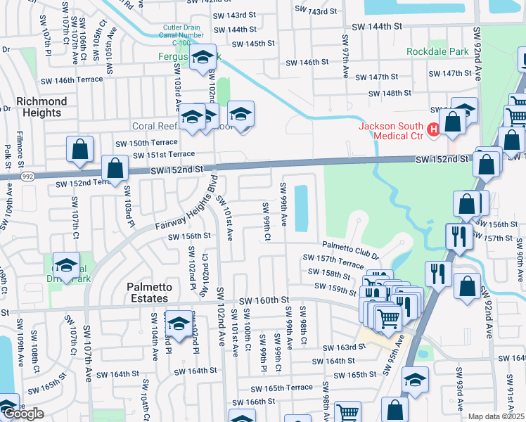 map of restaurants, bars, coffee shops, grocery stores, and more near 15430 SW 99th Ct in Miami