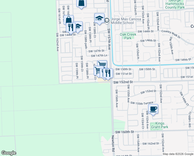 map of restaurants, bars, coffee shops, grocery stores, and more near 15119 SW 158th Ct in Miami