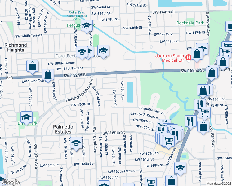 map of restaurants, bars, coffee shops, grocery stores, and more near 15430 Southwest 99th Court in Miami
