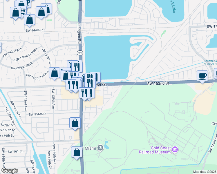 map of restaurants, bars, coffee shops, grocery stores, and more near 15239 Southwest 134th Court in Miami