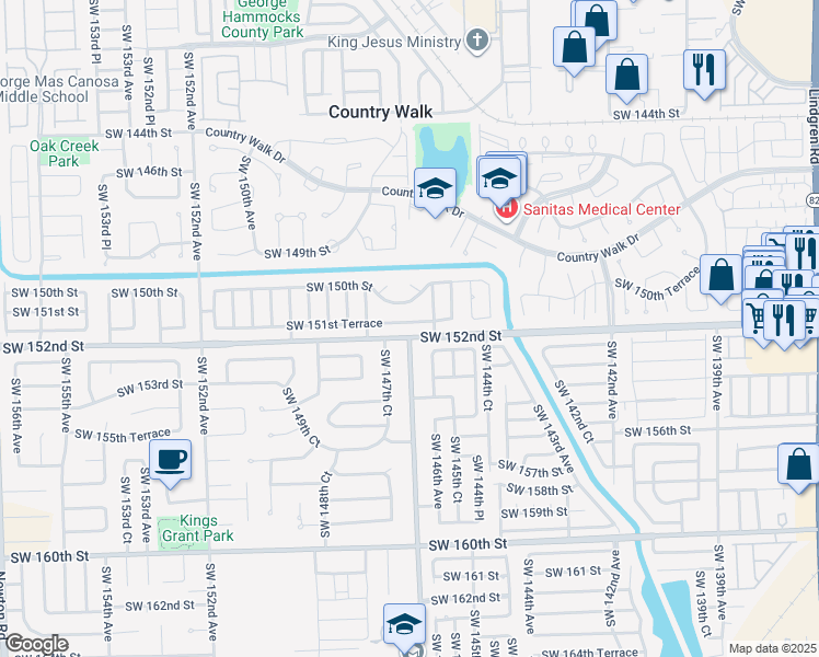 map of restaurants, bars, coffee shops, grocery stores, and more near 14600 Southwest 151st Terrace in Miami