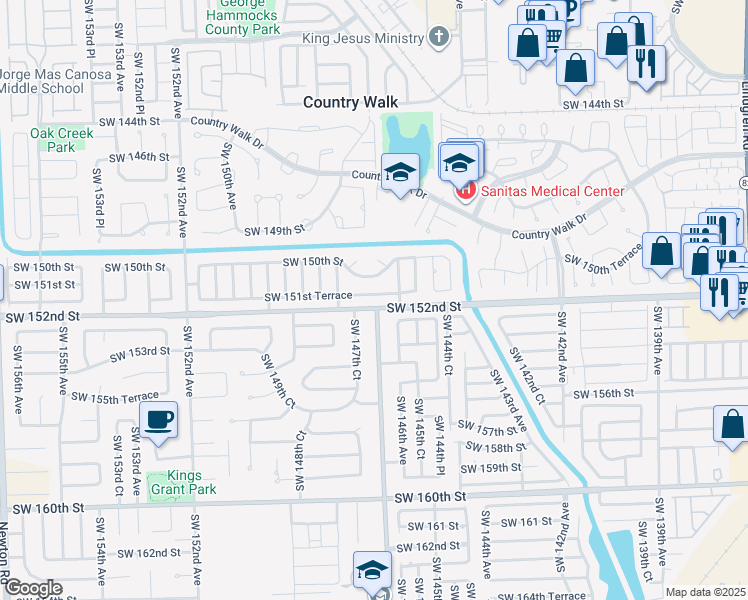 map of restaurants, bars, coffee shops, grocery stores, and more near 14700 Southwest 151st Terrace in Miami