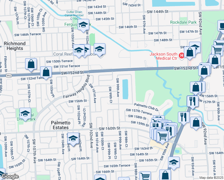map of restaurants, bars, coffee shops, grocery stores, and more near 15430 Southwest 99th Court in Miami