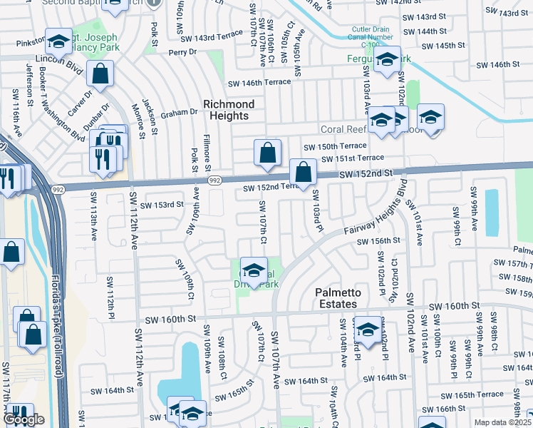 map of restaurants, bars, coffee shops, grocery stores, and more near 15403 Southwest 107th Court in Miami