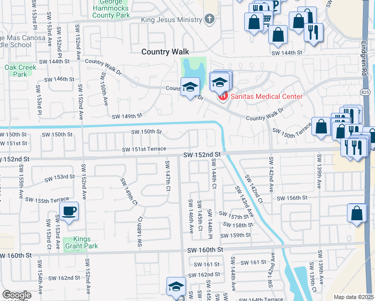 map of restaurants, bars, coffee shops, grocery stores, and more near 14600 Southwest 151st Terrace in Miami