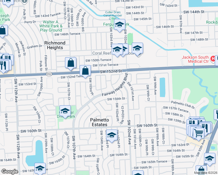 map of restaurants, bars, coffee shops, grocery stores, and more near 10260 Southwest 155th Street in Miami