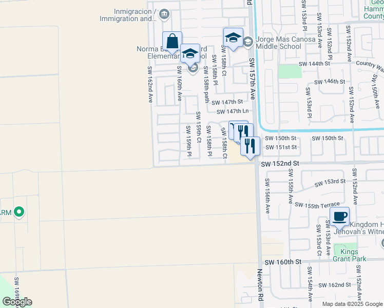 map of restaurants, bars, coffee shops, grocery stores, and more near 15121 Southwest 159th Place in Miami