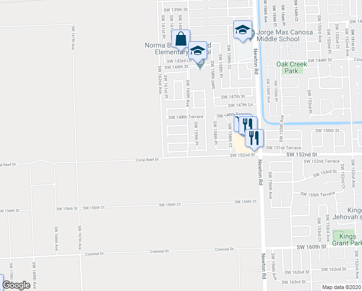 map of restaurants, bars, coffee shops, grocery stores, and more near 16052 Southwest 151st Street in Miami