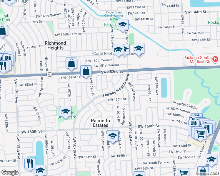 map of restaurants, bars, coffee shops, grocery stores, and more near 10260 Southwest 155th Street in Miami