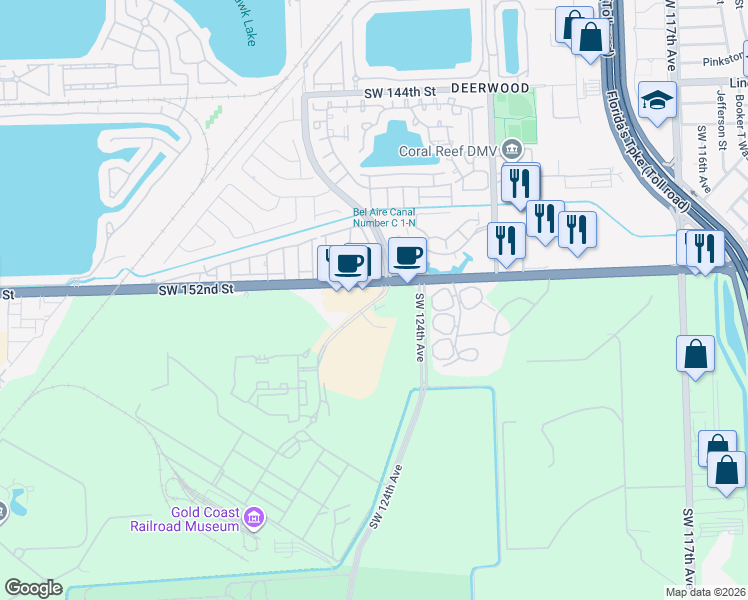 map of restaurants, bars, coffee shops, grocery stores, and more near 15221 Southwest 127th Avenue in Miami
