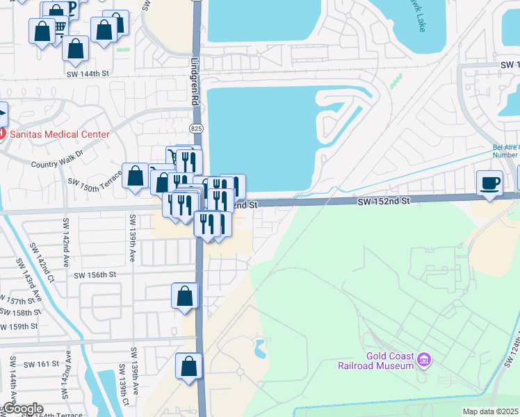 map of restaurants, bars, coffee shops, grocery stores, and more near 15239 Southwest 134th Court in Miami