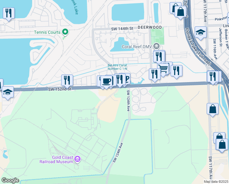 map of restaurants, bars, coffee shops, grocery stores, and more near 15520 Southwest 127th Avenue in Miami