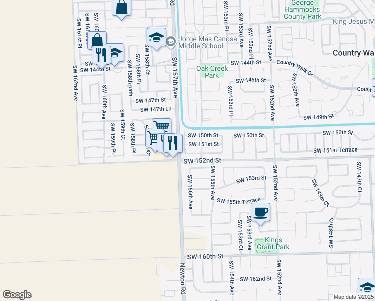 map of restaurants, bars, coffee shops, grocery stores, and more near 15585 Southwest 151st Terrace in Miami