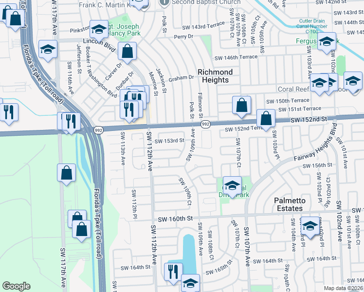 map of restaurants, bars, coffee shops, grocery stores, and more near 15314 Southwest 109th Court in Miami