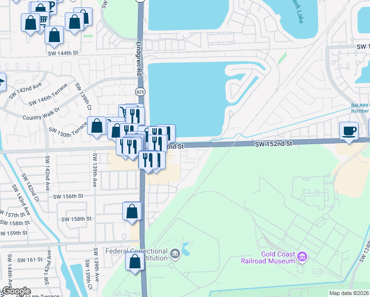 map of restaurants, bars, coffee shops, grocery stores, and more near 15239 Southwest 134th Court in Miami