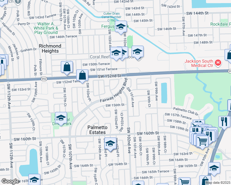 map of restaurants, bars, coffee shops, grocery stores, and more near 10221 Fairway Heights Boulevard in Miami