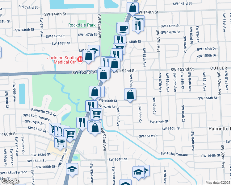 map of restaurants, bars, coffee shops, grocery stores, and more near 9001 Southwest 156th Street in Palmetto Bay