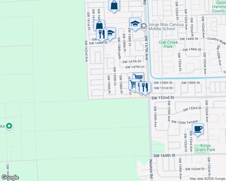 map of restaurants, bars, coffee shops, grocery stores, and more near 15121 Southwest 159th Place in Miami