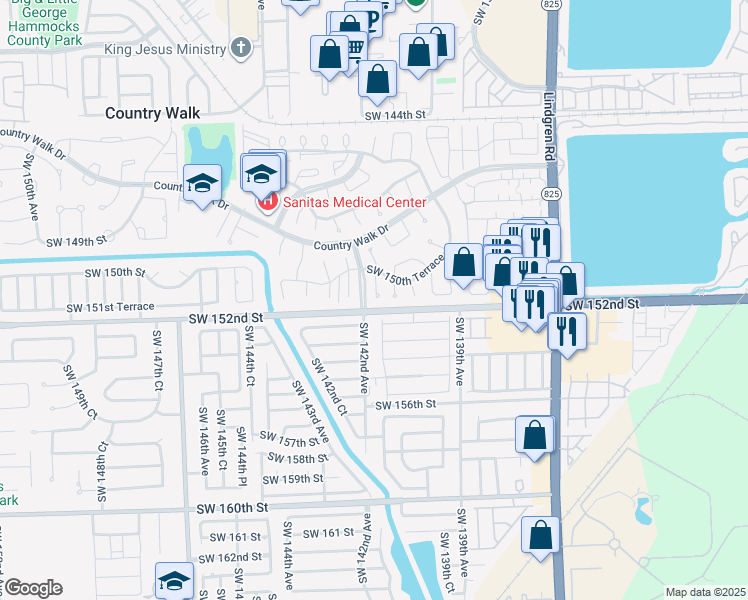 map of restaurants, bars, coffee shops, grocery stores, and more near 15203 Southwest 142nd Avenue in Miami