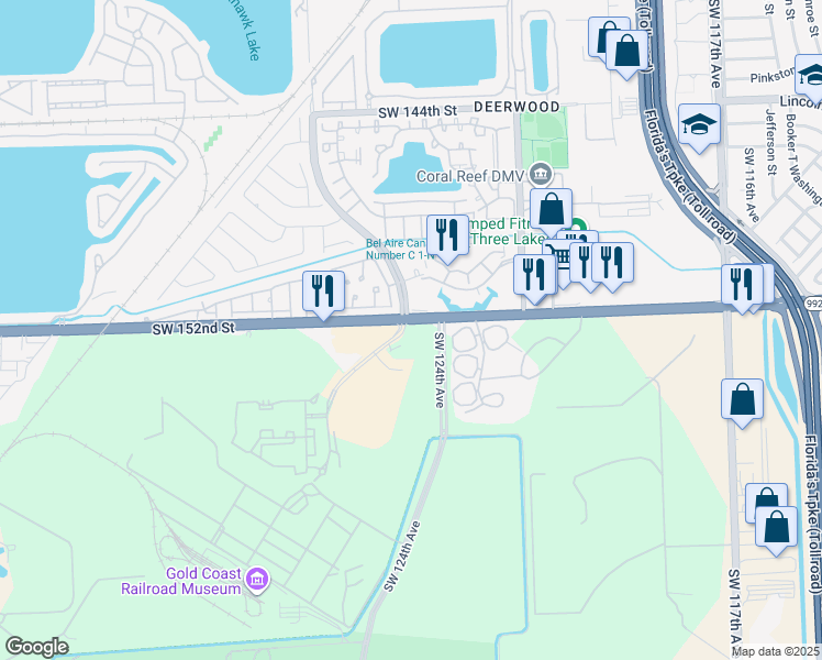 map of restaurants, bars, coffee shops, grocery stores, and more near 15221 Southwest 127th Avenue in Miami