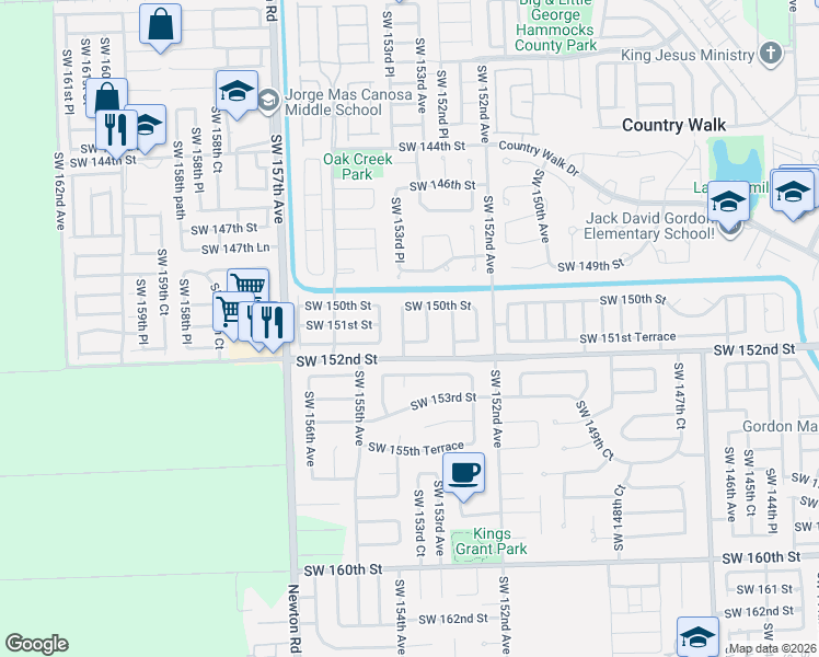 map of restaurants, bars, coffee shops, grocery stores, and more near 15111 Southwest 153rd Place in Miami
