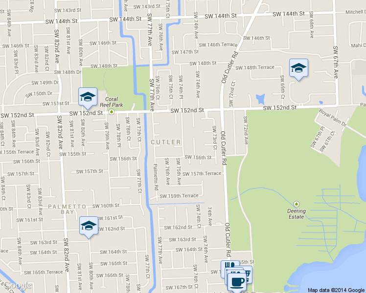 map of restaurants, bars, coffee shops, grocery stores, and more near Southwest 154th Place in Palmetto Bay