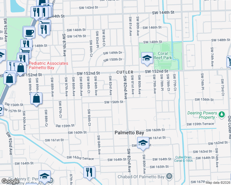 map of restaurants, bars, coffee shops, grocery stores, and more near 15400 Southwest 82nd Court in Palmetto Bay