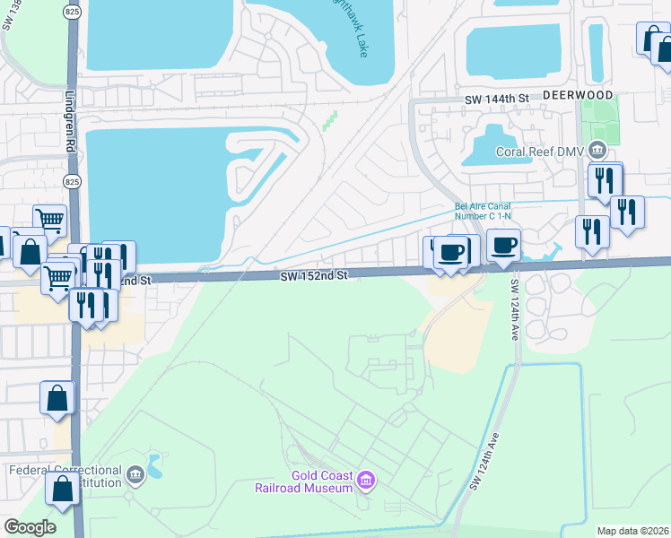 map of restaurants, bars, coffee shops, grocery stores, and more near 15099 Southwest 129th Place in Miami
