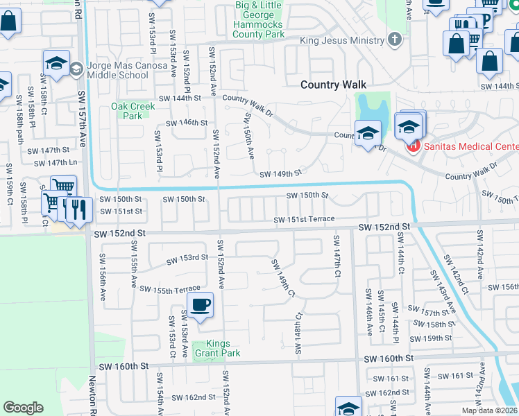 map of restaurants, bars, coffee shops, grocery stores, and more near 14921 Southwest 150th Street in Miami