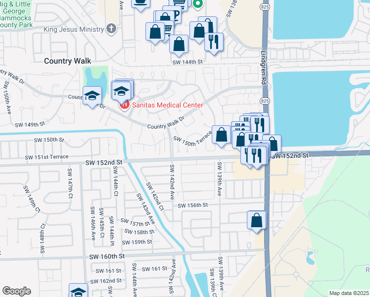 map of restaurants, bars, coffee shops, grocery stores, and more near 14031 Southwest 150th Terrace in Miami