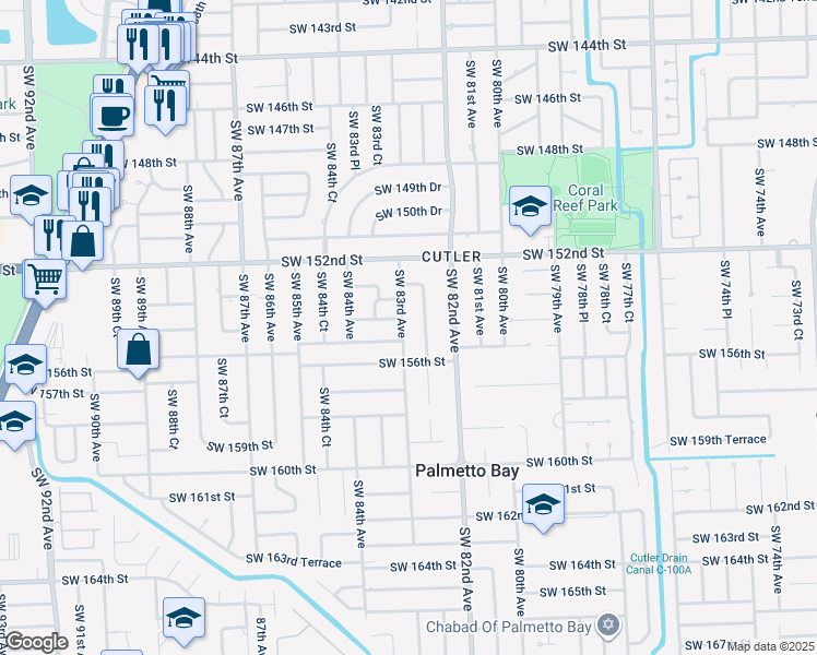map of restaurants, bars, coffee shops, grocery stores, and more near 15400 Southwest 82nd Court in Palmetto Bay