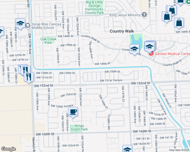 map of restaurants, bars, coffee shops, grocery stores, and more near 14921 Southwest 150th Street in Miami
