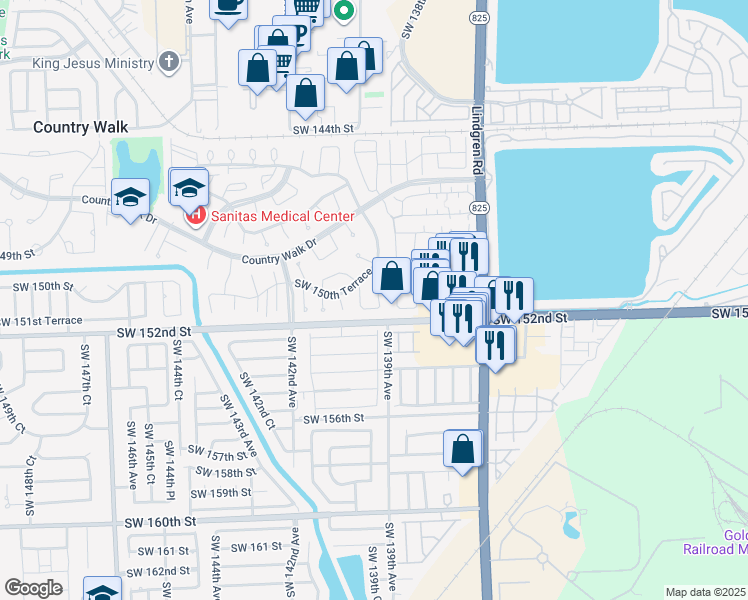 map of restaurants, bars, coffee shops, grocery stores, and more near 15024 Southwest 139th Place in Miami
