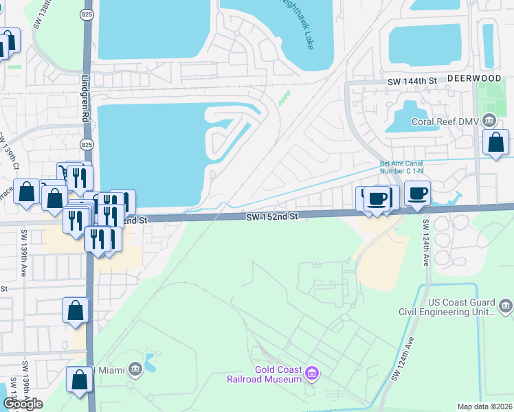map of restaurants, bars, coffee shops, grocery stores, and more near 14940 Southwest 129th Place Road in Miami
