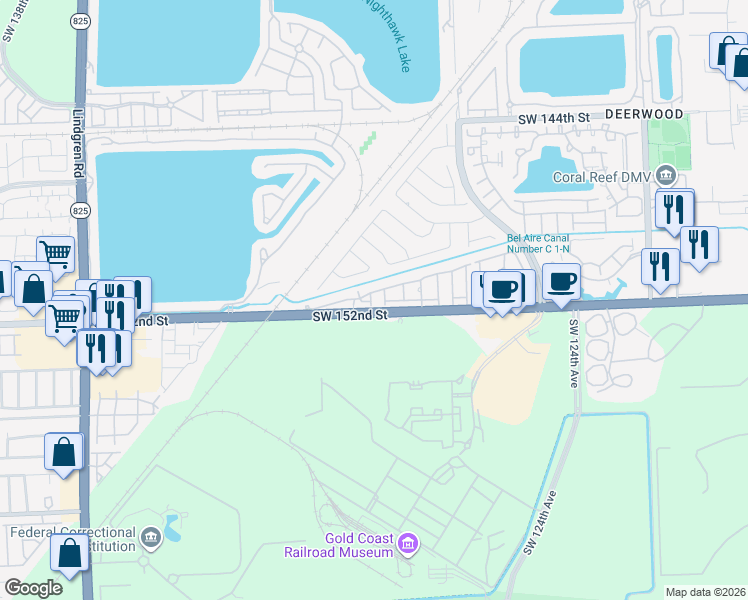 map of restaurants, bars, coffee shops, grocery stores, and more near 15099 Southwest 129th Place in Miami