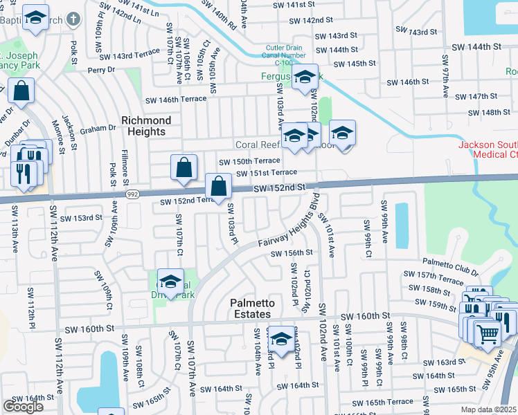 map of restaurants, bars, coffee shops, grocery stores, and more near 15255 Southwest 102nd Road in Miami