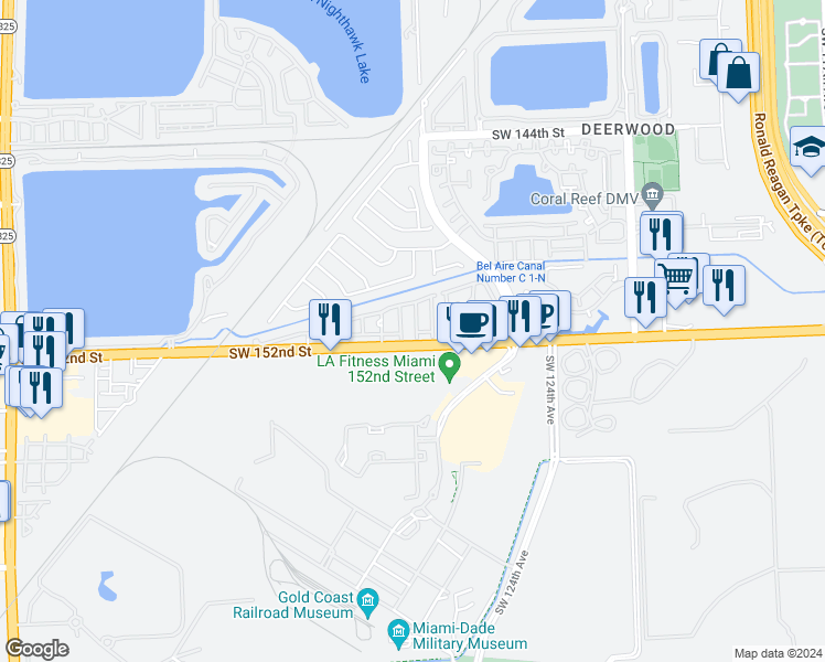 map of restaurants, bars, coffee shops, grocery stores, and more near 15176 Southwest 128th Court in Miami