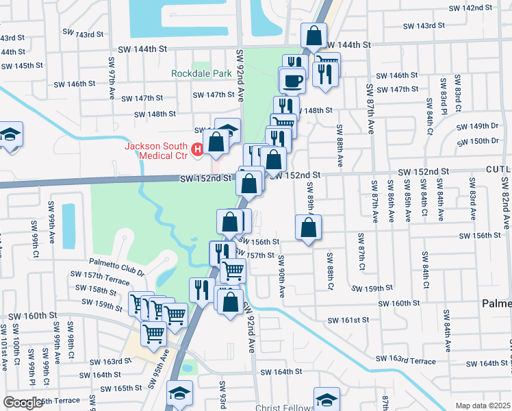 map of restaurants, bars, coffee shops, grocery stores, and more near 15391 South Dixie Highway in Miami